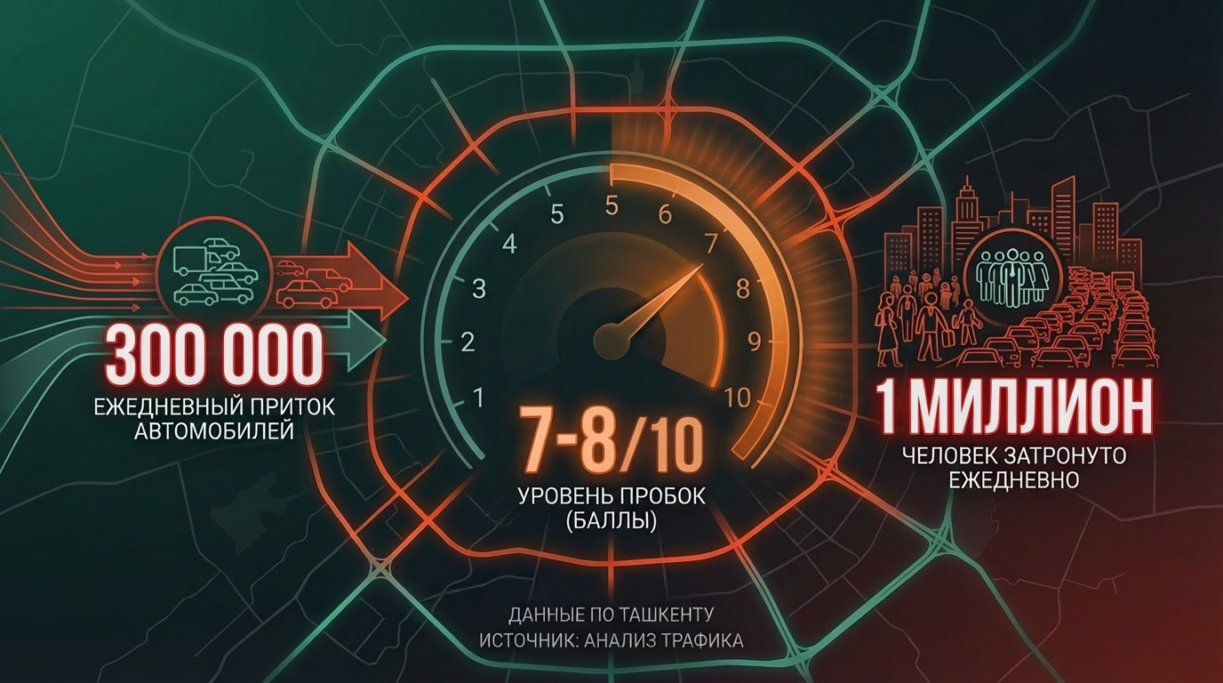 Инфографика трафика Ташкента: 300 000 автомобилей ежедневно, уровень пробок 7-8/10, 1 миллион человек затронуто