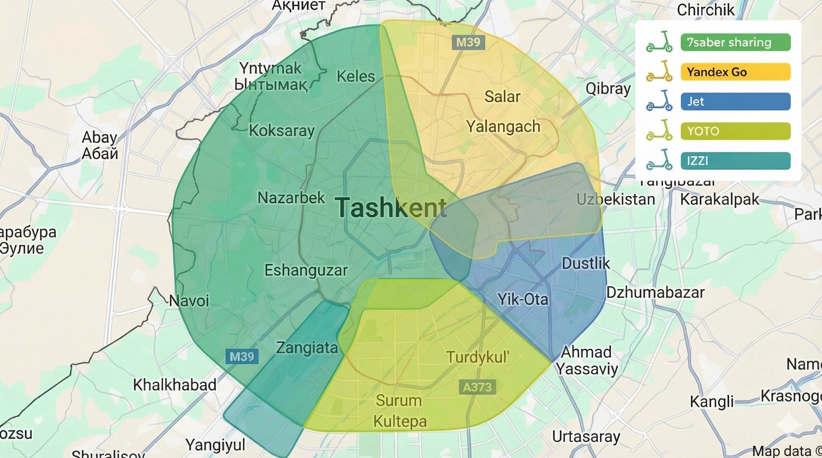 Карта покрытия операторов кикшеринга в Ташкенте